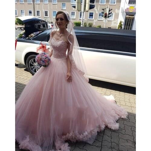 2020 Luxury Princess Pink Ball Gown Wedding Dresses 3D Floral Plus Size Sequined Beaded Sweep Train Quinceanera Bride Dress