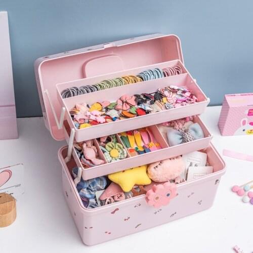 Pink Three-layer Plastic Storage Box for Nail Supplies Portable Jewlery Hair Accessories Headband Cute Shelf Large Capacity