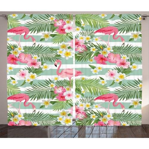 Flamingo Floral Curtains Stripes Pink Birds Plumeria Satin Fabric Drapes for Living Room Bedroom 2 Panel Window Set
