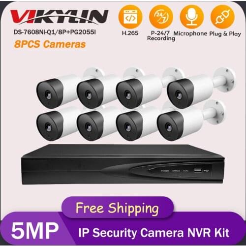 Hikvision Compatible Kits DS-7608NI-Q1/8P 8POE NVR & 5MP IP Camera Bullet POE 30M IR Built-in MIC 8pcs Plug&play CCTV System