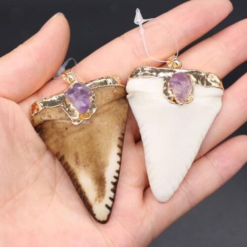 Vintage Ethnic Cow Bone and Amethysts Pendant Charms Triangle Pendants for Jewelry Making DIY Necklace Size 38x55mm