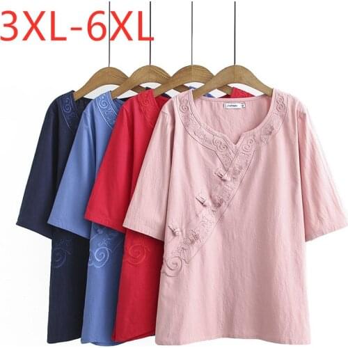 New 2021 Ladies Summer Plus Size Tops For Women Large Short Sleeve Loose Cotton Linen Embroidery Pink T-shirt 3XL 4XL 5XL 6XL
