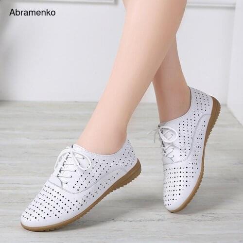 Women Shoes Casual Flats Summer Fashion Genuine Leather Hollow Out Cowhide Breathable Antiskid Light Soft Comfort Trend Lace Up