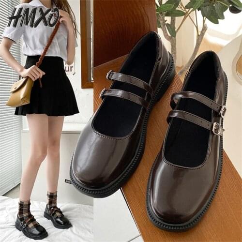 HMXO British Style Leather Shoes Women Flat Shoes Bottom New Retro Japanese Jk Uniform Word Buckle Mary Jane Women Korean Shoes