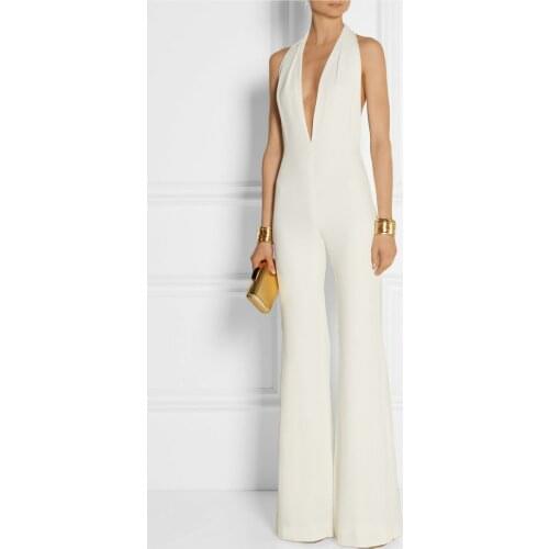 Sexy Long Deep V-Neck Stretchy Jumpsuit Wedding Dresses A-Line Open Back Ivory Pant Brautkleid Robes de Soirée for Women