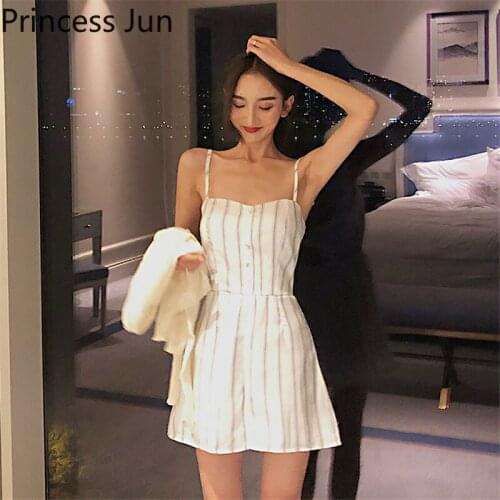 Women Summer Chic Back Knot Sexy Jumpsuit Slash Neck Sleeveless Striped Short Rompers Straps Beach Playsuits Holiday Overalls