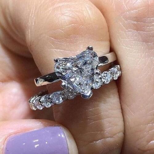 2020 High Quality Female Heart-shaped Wedding Ring Set Fashion Silver Color Crystal White Bridal Jewelry Promise Rings For Women