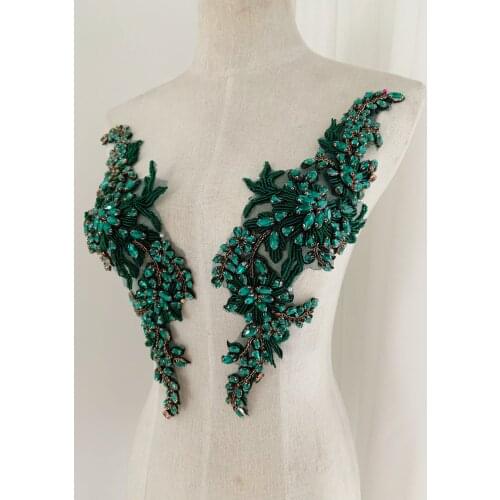 2021 green Rhinestone bead applique, crystal bodice patch, heavy bead handmade rhinestone applique for bridal shoulder embellish
