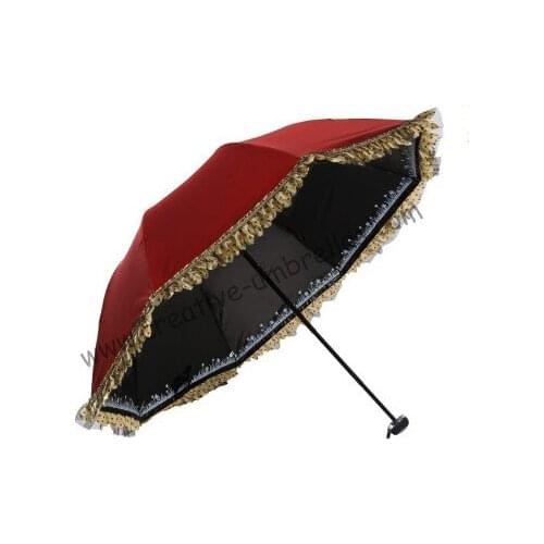 3pcs/lot colour option Ladies' wine red UPF>50+ folding mini umbrella 5 times black coating Anti-UV pocket lace parasol