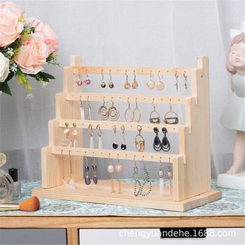 4 Tier Wooden Earring Organizer Jewelry Holder Stand Ear studs Display Rack Tray for Bracelet Necklace
