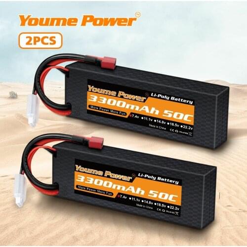 YOUME 2Units 7.4v 3300mah Lipo Battery 2S Hard case battery 50C with T plug for 1/8 1/10 RC Vehicles Car Trucks Truggy RC Boat