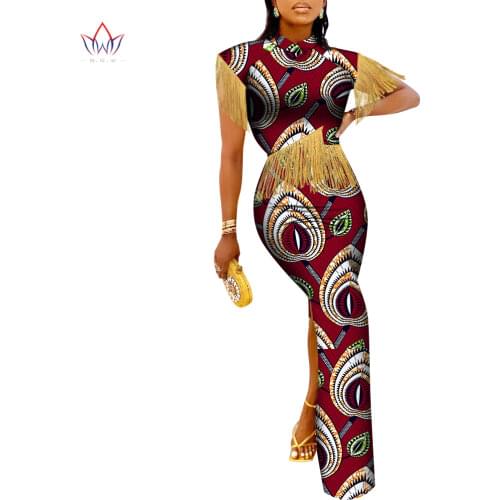 Bintarealwax African Dresses for Women 2021 Dashiki Tassel Sleeve Party Dress Plus Size Traditional African Clothing WY9160