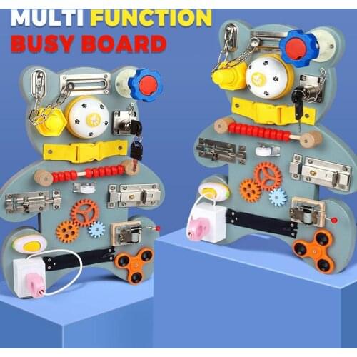 Bear Busy Board Wooden Montessori Toys Childrens Wall Game Board Music Organ Unlocking Busy Block Preschool Education Toys