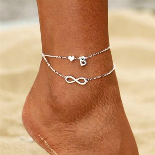 Boho Initial Anklet Heart Infinity Silver Color Ankle Bracelet on Leg Chain 26 Letter Anklets For Women Ankle Beach Foot Jewelry