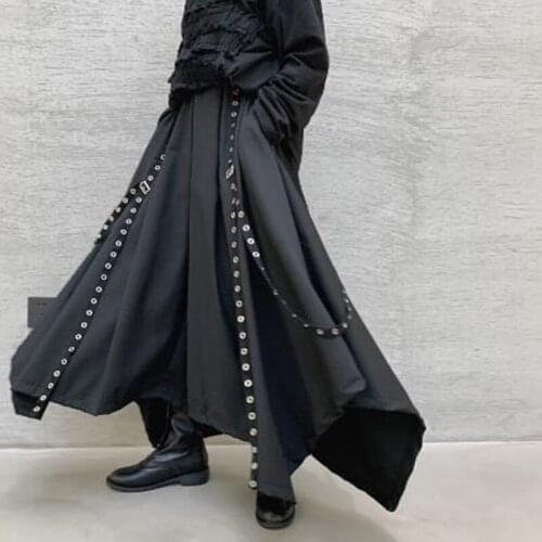 Mens trousers spring ribbon black wide-leg trousers mens loose bell-bottom trousers nine minutes culottes punk Gothic trend