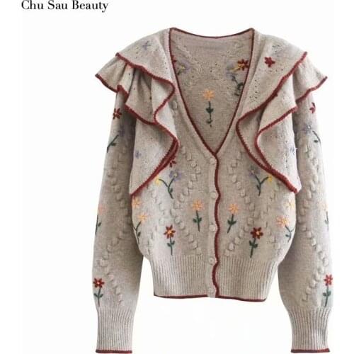 Chu Sau Beauty ZA 2021 Autumn Womens Fashion Retro Floral Frill Embroidered Sweater Chic Laminated Decorative Knitted Top