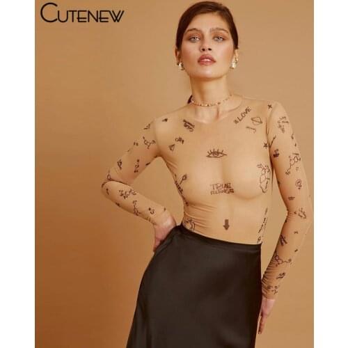 Cutenew Mesh See Through Print O-Neck Long Sleeve Women Bodysuit Spring New Fashion Streetwear Solid Sexy Skinny Ladies Clothing
