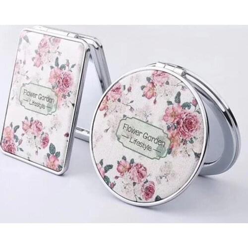 Faux Leather Double-side Folding Makeup Mirror Portable Flower Printed Magnifier Accessories