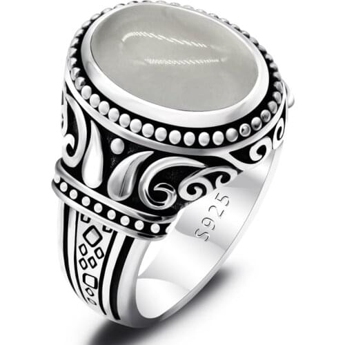 Natural Agate Ring for Men 925 Sterling Silver Oval White Stone Vintage Carved Design Rings Turkish Handmade Jewelry Gift