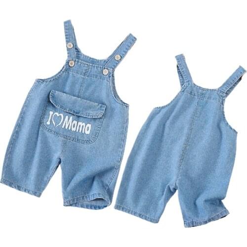 Summer Girl Jumpsuit Korean Cute Sweet Fashion Washed Jeans Denim Pocket I Love Mama Romper Jumpsuits Straps Short Cowboy Blue