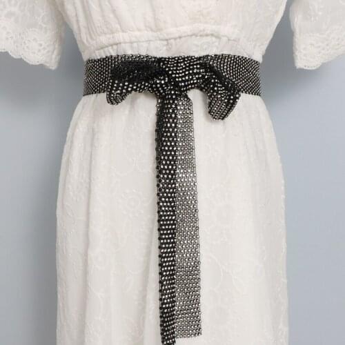 Black Bling Grid Waist Belt Punk Style Rhinestone Necktie Tie Waistband Multi-functional European Ladies Self-tie Bow Long Belt