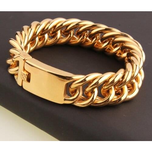 New Arrive Trendy 316L Stainless Steel Gold Tone Cuban Curb Link Chain Polished Jewelry Mens Boys Bracelet Bangle 7"-11" Choose