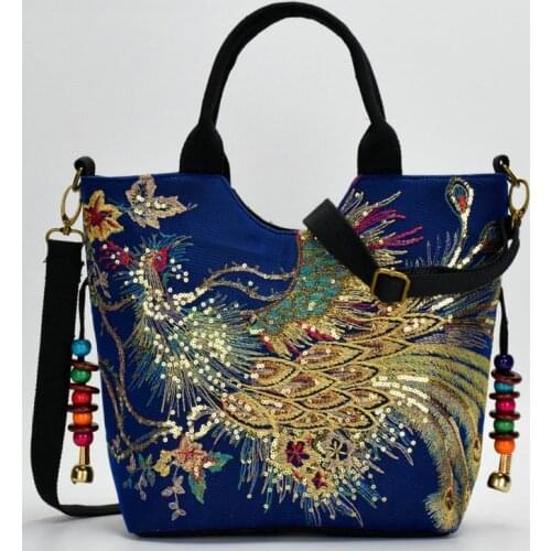 2021 new ethnic embroidery bag canvas peacock embroidery small female bag shoulder portable diagonal bag