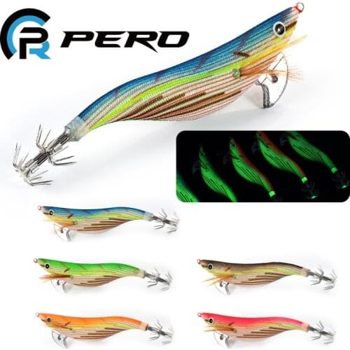 PERO 92mm 15.2g Luminous Squid Jig Fishing Wood Shrimp Bait Slow Jigging Lures with 3.0# Hook For Sea Fishing Tackle Cuttlefish