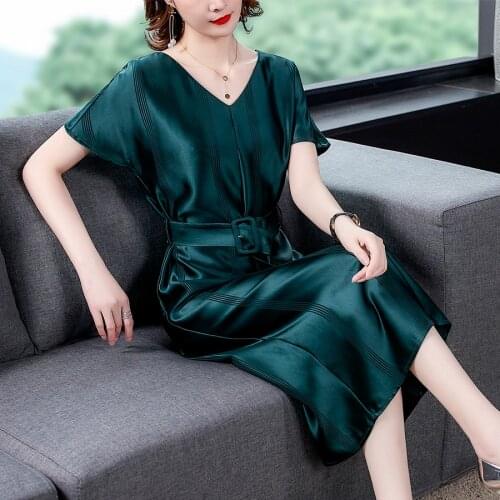 Korean Silk Dress Women Elegant Ladies Satin Dresses Woman High Waist Striped Dress Plus Size Women V-neck Bodycon Long Dresses