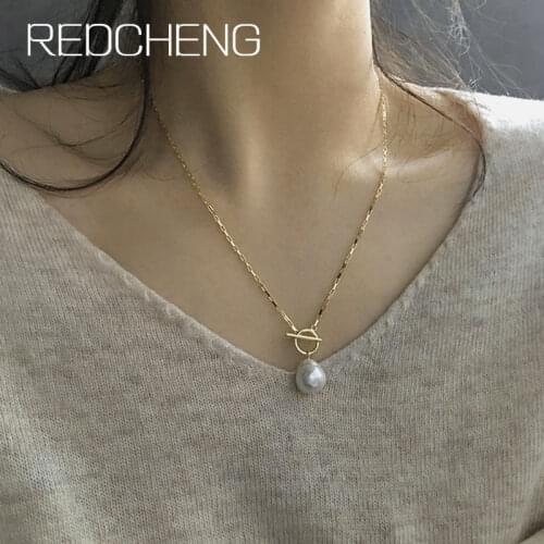 REDCHENG 925 Sterling Silver Sea Pearl Necklaces for Women INS Fashion Temperament OT Buckle Geometric Engagement Jewelry Gifts