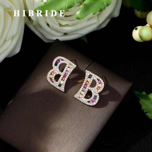 HIBRIDE Luxury AAA Cubic Zircona Letter Design Stud Earring Fashion Dubai Jewelry for Women brincos para as mulheres E-465