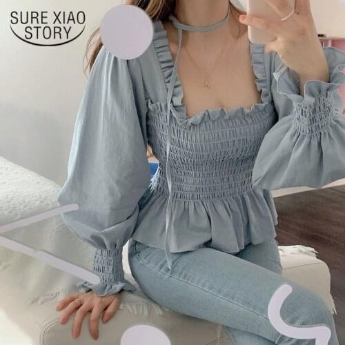 2021 French Retro Elegant Palace Wind Sweet Ruffle Bubble Sleeve Lantern Sleeve Strap Waist Princess Shirt Blusa Mujer 13702