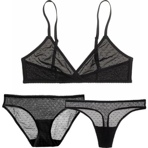 Sexy Ultra-thin Femmes Lingerie Dots Mesh Lace Underwear Women Transparent Bra Set Bralette 3pcs 1 Bra+1 Panties+1 Thongs