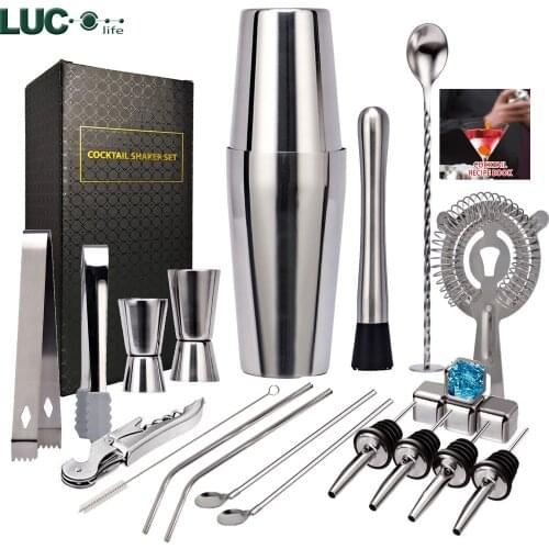 22 Pcs/set Stainless Steel Cocktail Shaker Mixer Drink Bartender Browser Kit Bars Set Tools With Wine Rack Stand Bar Sets
