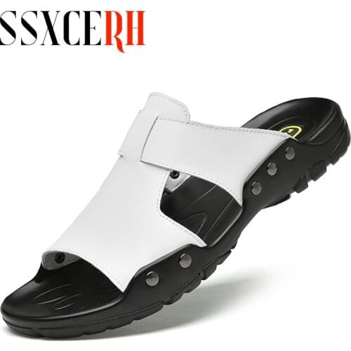 Brand Genuine Leather Slippers Summer Men Shoes Casual Outdoor Flip Flop Indoor Non-Slip Fashion Beach Sandals Big Size 37-52