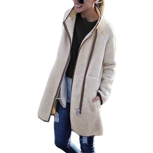 Hitmebox 2019 Autumn Winter elegant womens woolen standard up collar cardgians female warm fleece long zipper jacket outerwear