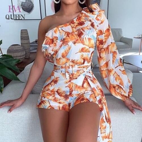 EvaQueen Print Ruched One Shoulder Jumpsuit For Women Long Sashes Summer Beach Overalls Ruffle Backless Sexy Club Outfits 2021