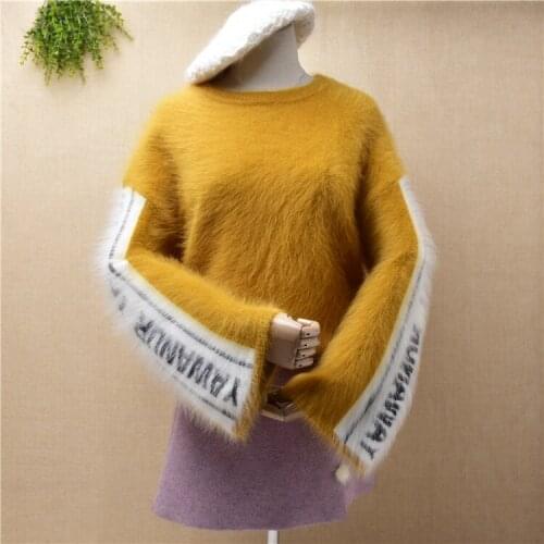 Ladies women fashion hairy fuzzy mink cashmere long flare sleeves colored loose lazy oaf pullover angora rabbit fur jumper pull