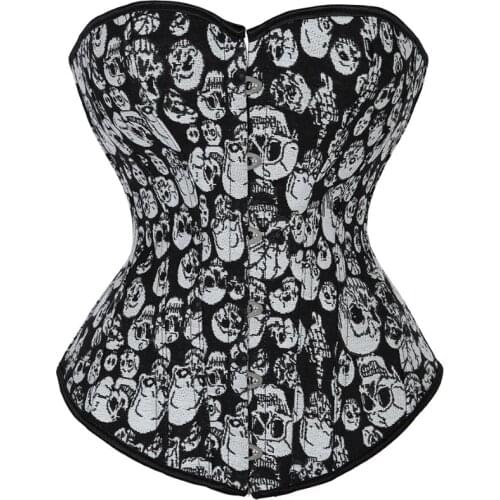 Women Sexy Skull Print Overbust Corset Gothic Waist Cincher Slimming Lace Up Corset Bustier Lingerie Top Plus Size