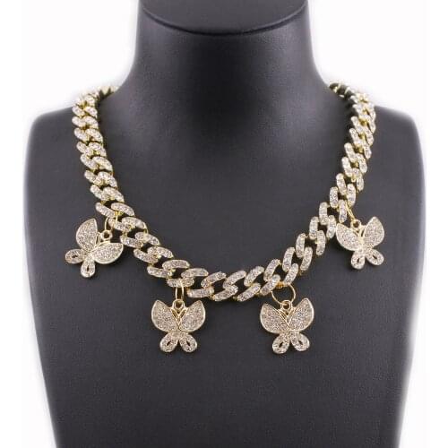 Hip Hop Womens Necklace Cuban Link Chain With Small Butterfly Pendant 4pcs Charms 16inch Chokers Gold Color Rap Rock USA Design