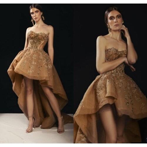 Gold High Low Prom Dresses Sweetheart A Line Lace Appliques Beaded Evening Dress Sweep Train Arabic Robe De Soiree Custom Made