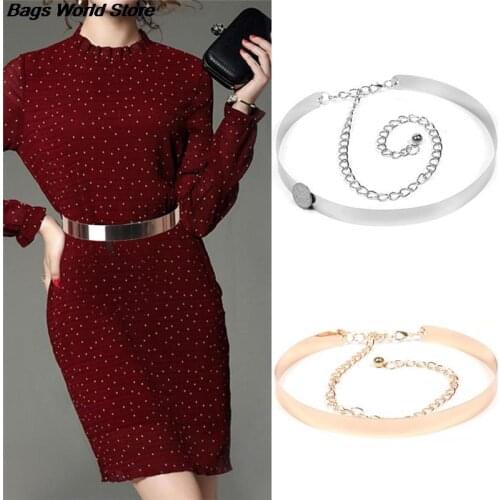 1pcs 100cm - 135cm Gold Plate Wide Cummerbunds With Chains Women Belts Waistbands Punk Full Metal Mirror Waist Belt Metallic NEW