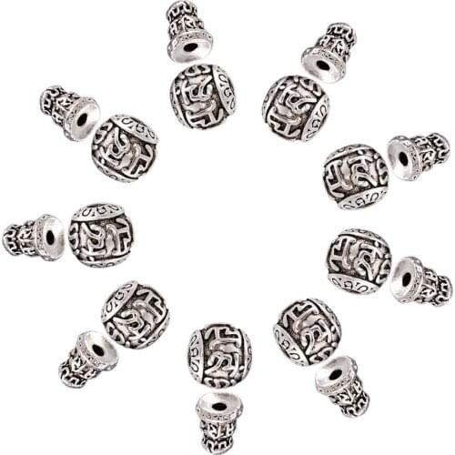 10 Set Antique Silver Color Tibetan Style Alloy Beads Om Mani Padme Hum Round and Cone for Necklace Bracelet DIY Jewelry Making