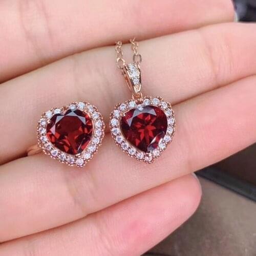100% Real and Natural Natural real red garnet luxury style jewelry set 1pc ring 1pc Pandant 925 sterling silver