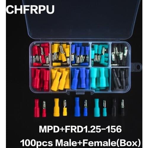 100pcs bullet type Insulated Electrical Connector，Crimp Terminals，Male Female Wire Connector FRD MPD 1.25-156 5 color mix