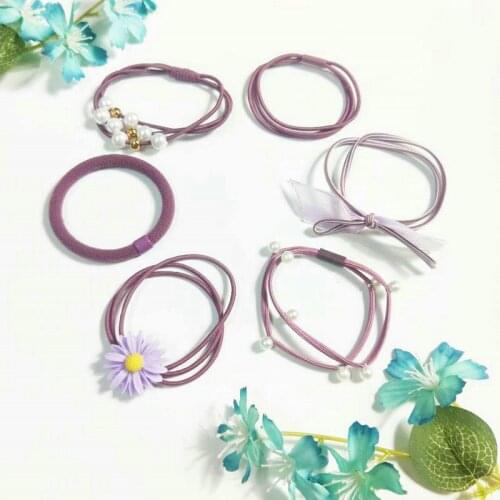 6pcs/lot Pearl Beaded Elastic Hair Ring Bands Pale Violet Purple Fashion Headbands for Women Accessories Hairties Set Headdress