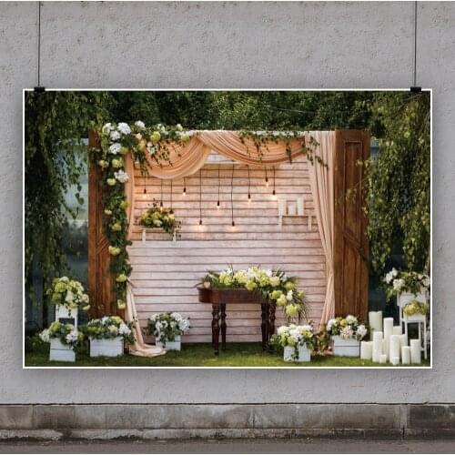 White Potted Plants and Vines on Wooden Planks Backdrops Photo Vinyl Background Decorations for Wedding Party Photography Props