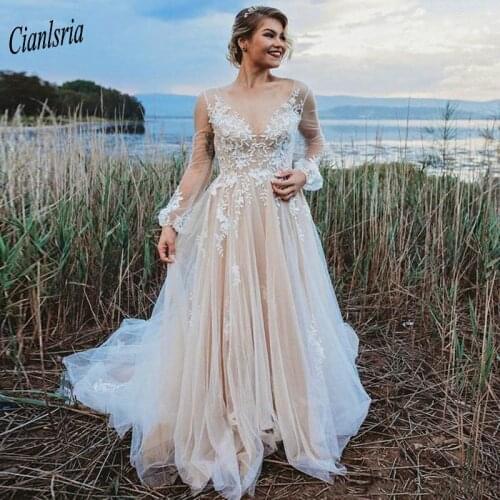 Champagne V-Neck Backless Bohemian Wedding Dresses Country Boho Bridal Wedding Dress Long Sleeve Appliques Lace Robe de soriee