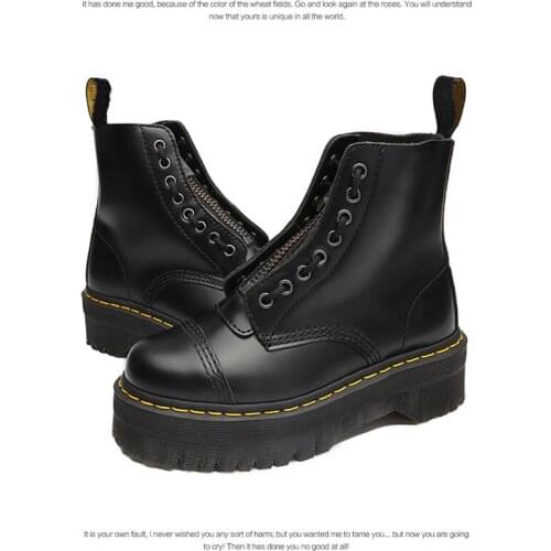 Boots Women High Quality Genuine Leather Martin Boots British Thick-soled Front Zipper Pull Cowhide Pebbled Short Boots Martenss
