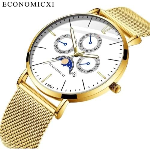 ECONOMICXI Mens Watch Stainless Steel Luminous Dial Quartz Wristwatch Men Watch Male Clock relogio masculino orologio uomo